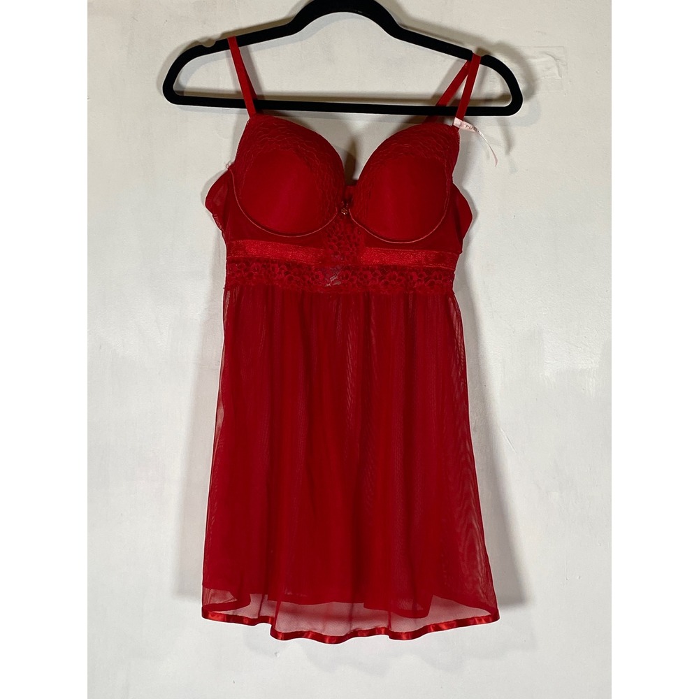 Daisy Fuentes L Red Push Up Lace Sheer Mesh Babydoll‎ Lingerie NWOT